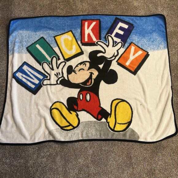 Vintage Biederlack America Walt Disney Mickey Mouse Large Throw Blanket Blocks - Picture 1 of 5